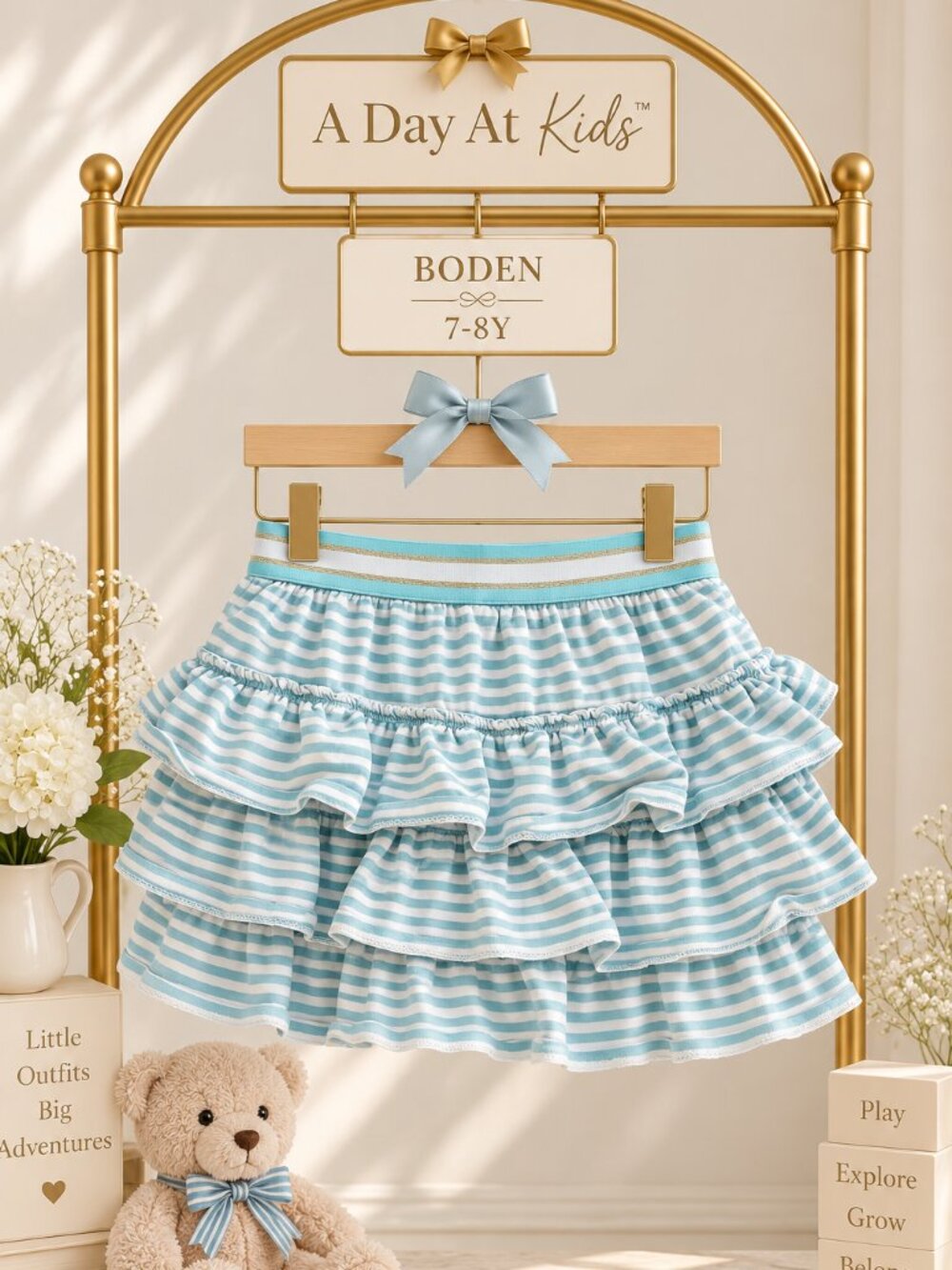 Coastal Grandma Mini Boden Aqua Gold Stripe Skirt Build-in Shorts 7-8Y